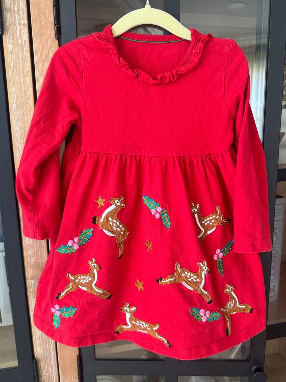 Mini Boden long sleeve christmas dress reindeer embroidered applique mistletoe